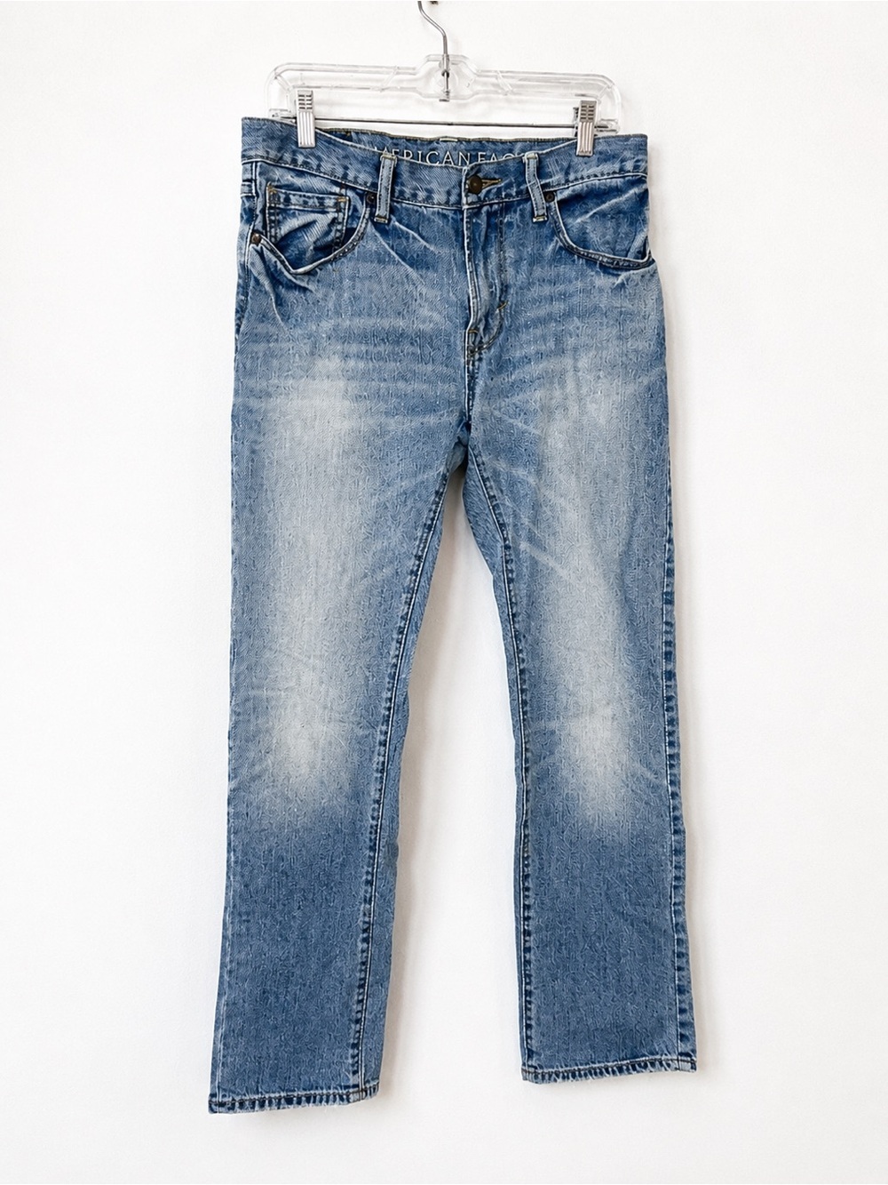 American Eagle Mens 31 Original Straight Jeans Light Wash Faded Denim Y2K